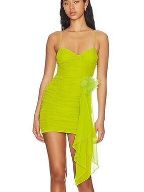 NWOT For Love And Lemons Neon Lime Ruched Mini Dress with Draped Sash